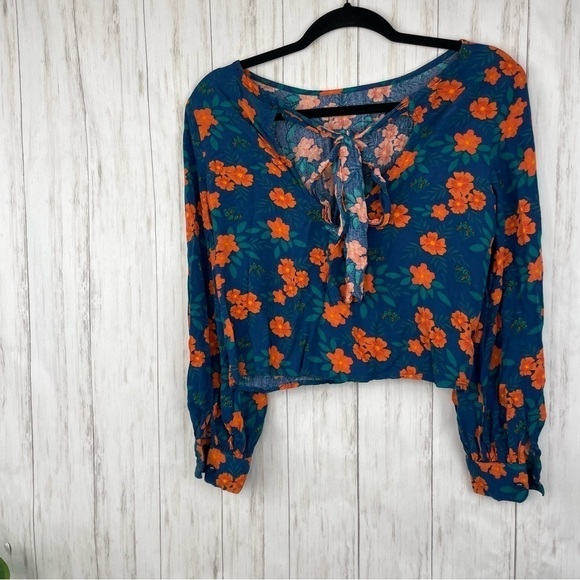 ModCloth XS teal orange floral blouse - Picture 5 of 7